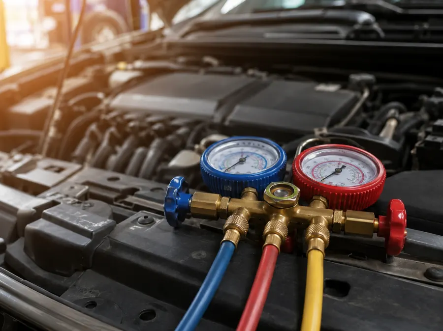 A/C recharge gauges connected to a vehicle's air conditioning system