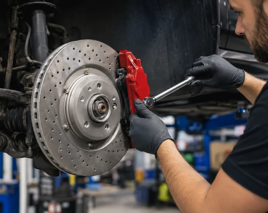 Mechanic torquing a red brake caliper on a drilled rotor during a brake service