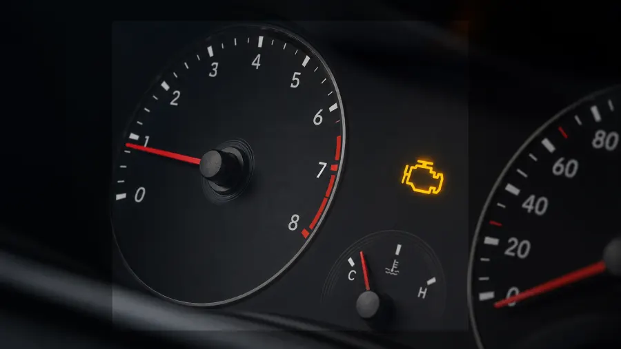 Close-up of a car dashboard with the check engine light illuminated