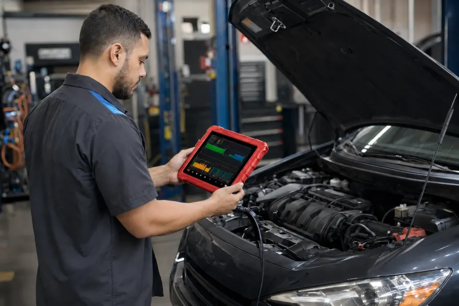 Technician using a handheld diagnostic scanner on a vehicle's engine bay