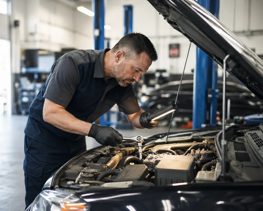 Mechanic using a flashlight to inspect an engine bay during a repair