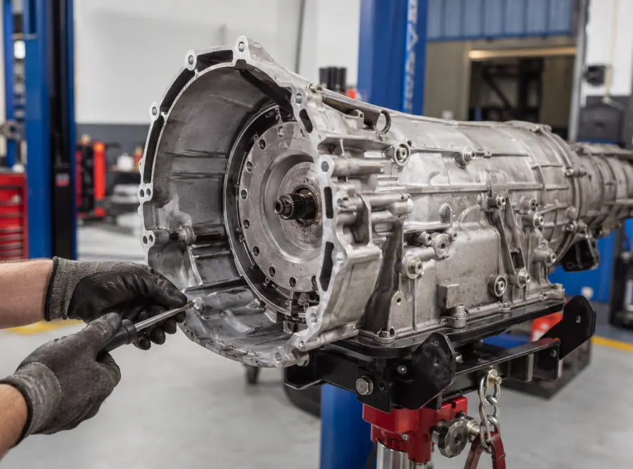 Transmission unit removed from a vehicle and mounted on a repair stand